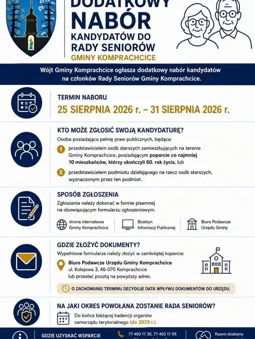 Dodatkowy nabór do Rady Seniorów Gminy Komprachcice – zgłoszenia do 31 sierpnia