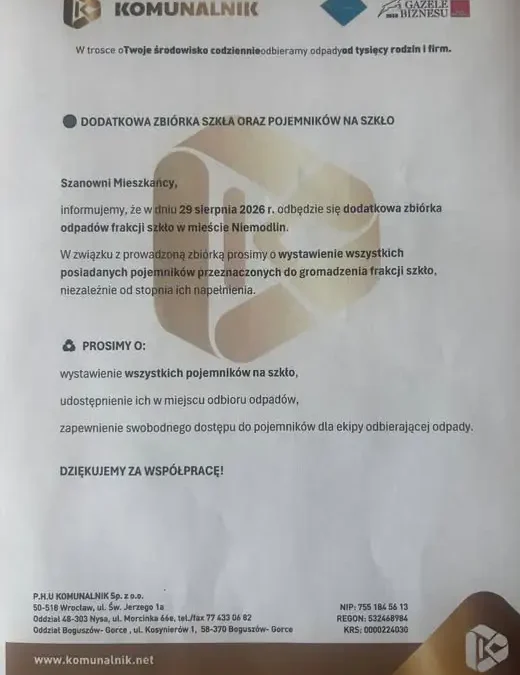 Dodatkowa zbiórka szkła w gminie Niemodlin – sprawdź harmonogram
