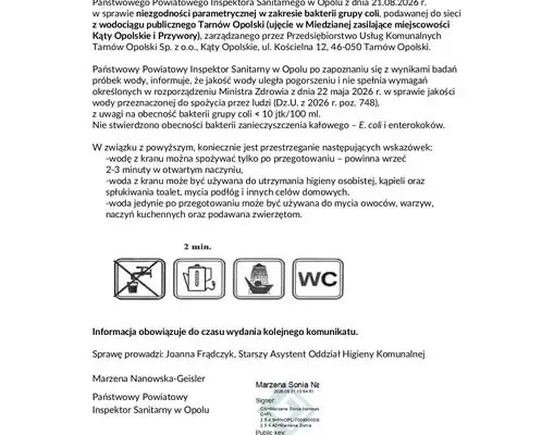 Uwaga mieszkańcy Kątów Opolskich i Przywór: woda niezdatna do picia bez przegotowania