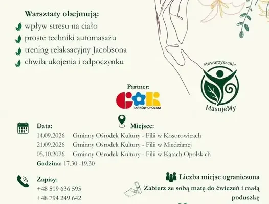 Warsztaty antystresowe w Kosorowicach: naucz się relaksacji Jacobsona i automasażu