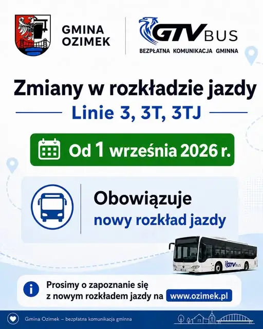 Zmiany w rozkładzie jazdy bezpłatnej komunikacji gminnej w Ozimku od 1 września