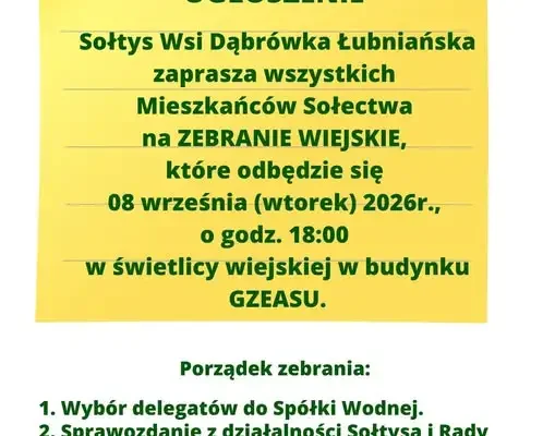 Zebranie wiejskie w Dąbrówce Łubniańskiej – 8 września 2026