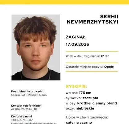 Zaginął 17-letni Serhii Nevmerzhytskyi z Opola. Policja apeluje o nagrania z wideorejestratorów