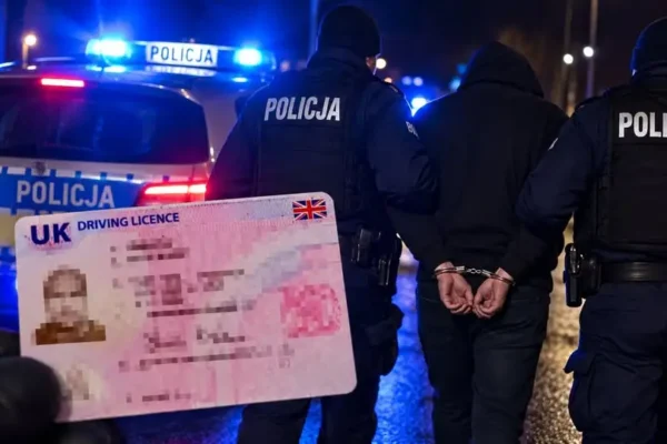 38-latek zatrzymany za fałszywe brytyjskie prawo jazdy i jazdę po narkotykach