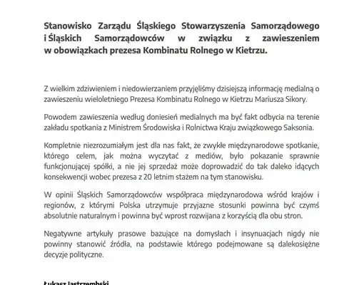 Śląscy Samorządowcy bronią prezesa Kombinatu Rolnego w Kietrzu