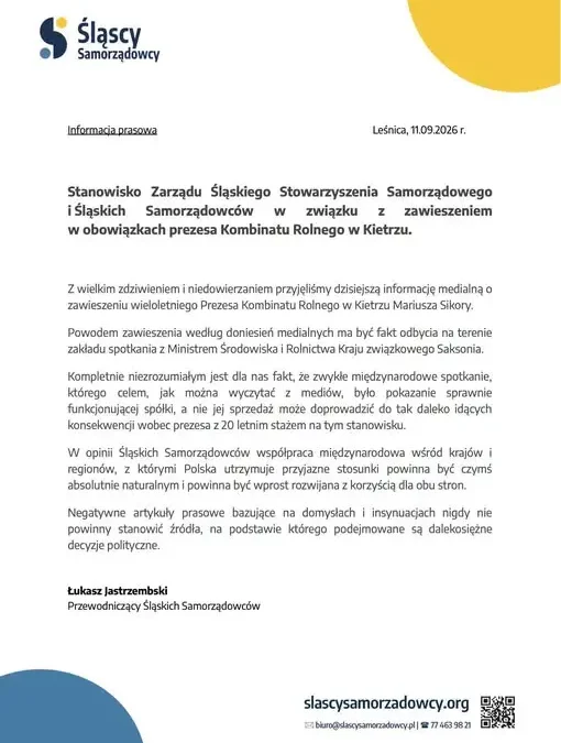 Śląscy Samorządowcy bronią prezesa Kombinatu Rolnego w Kietrzu