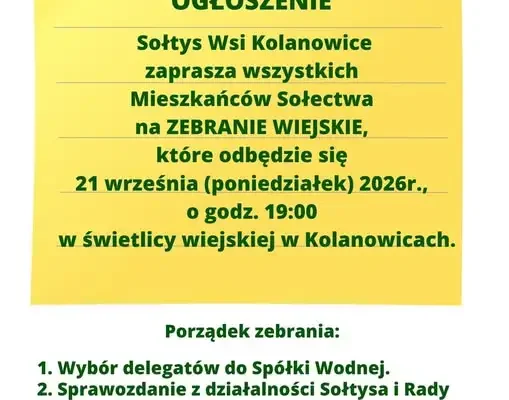 Zebranie wiejskie w Kolanowicach – 21 września 2026 r.