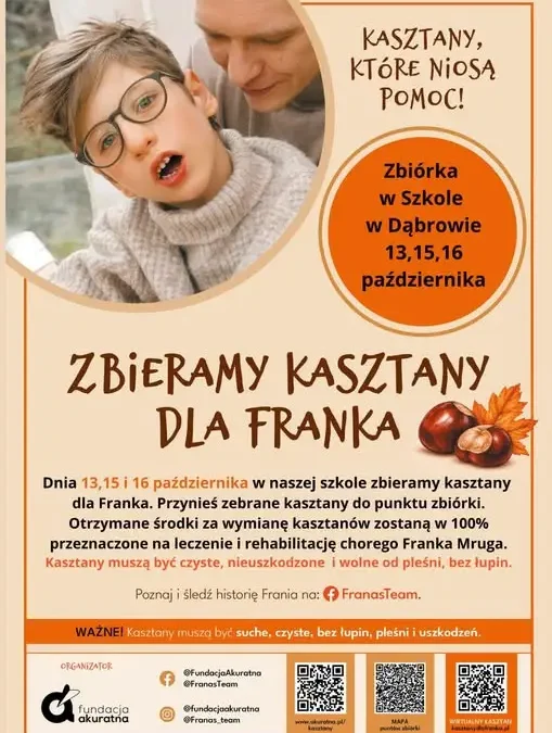 Zbiórka kasztanów dla Franka Mruga – Szkoła Podstawowa w Dąbrowie włącza się do akcji